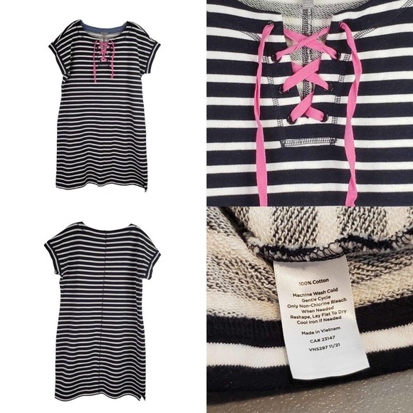 T by Talbots Dress Terry Women’s Size LP Short Sleeve Blue Pink Lace Up SS - Picture 1 of 10